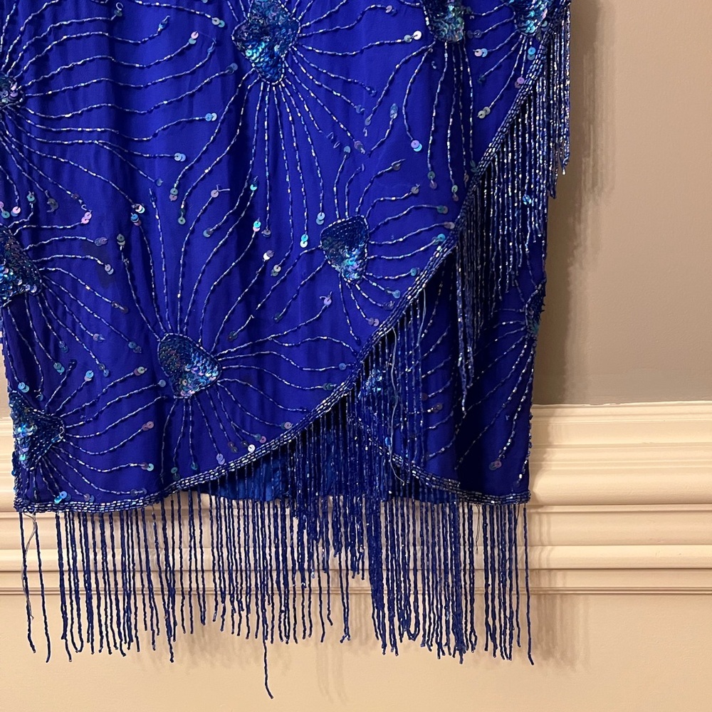 Stenay Vintage Royal Blue Sequin Beaded Tassel Cocktail Dress 100% Silk - Picture 6 of 15